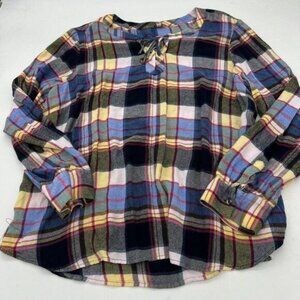 TALBOT'S 100% Viscose Plaid Buttery soft Neck Tie accent blouse top XL